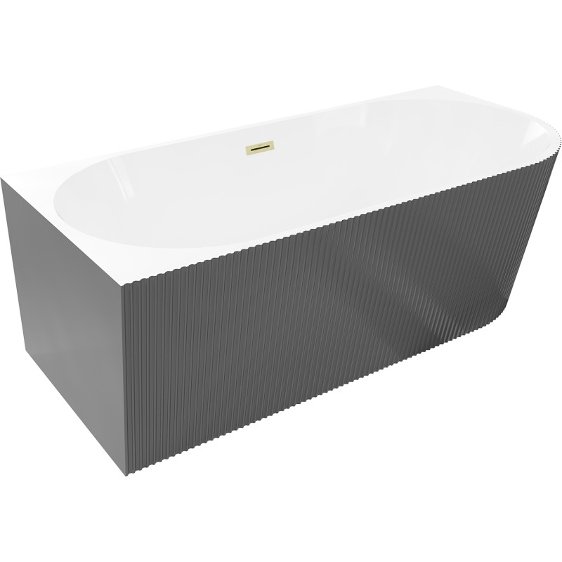 Mexen Silo Freistehende Badewanne, linke Eckversion, geriffelt, 150 x 75 cm, weiß/grau, Überlauf gebürstetes Gold