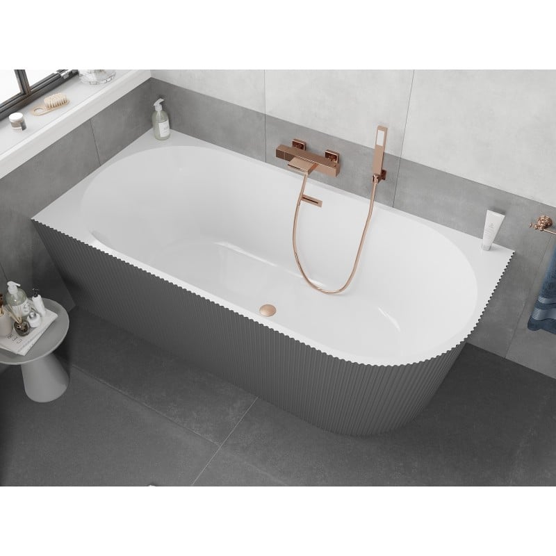 Mexen Silo freistehende Eckbadewanne links geriffelt 150 x 75 cm, weiß/grau, Überlauf gebürstetes Kupfer - 52891507562L-65
