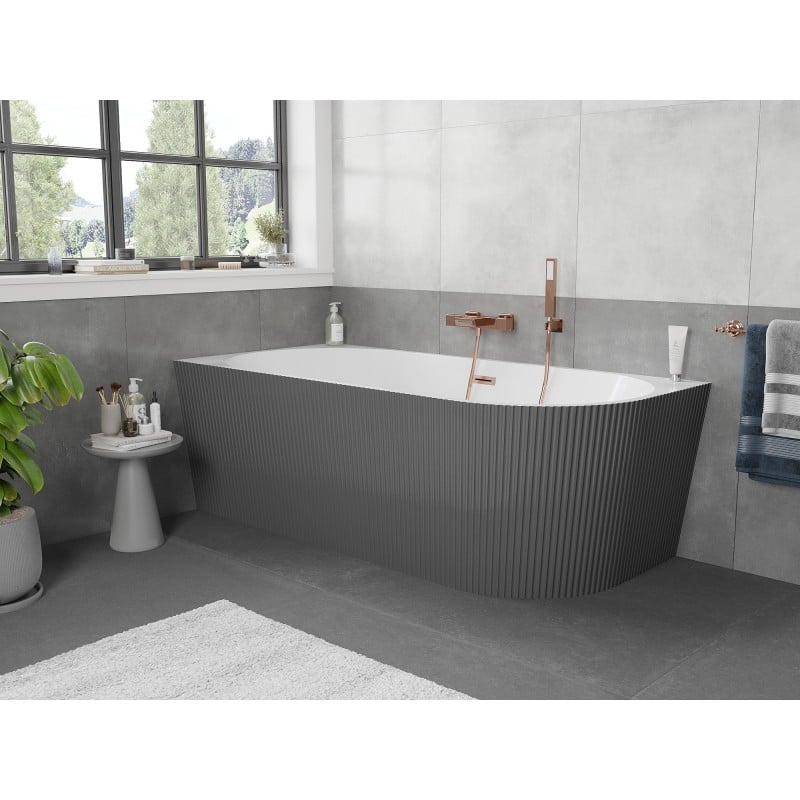 Mexen Silo freistehende Eckbadewanne links geriffelt 150 x 75 cm, weiß/grau, Überlauf gebürstetes Kupfer - 52891507562L-65