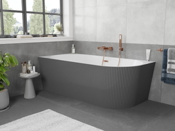 Mexen Silo freistehende Eckbadewanne links geriffelt 150 x 75 cm, weiß/grau, Überlauf gebürstetes Kupfer - 52891507562L-65