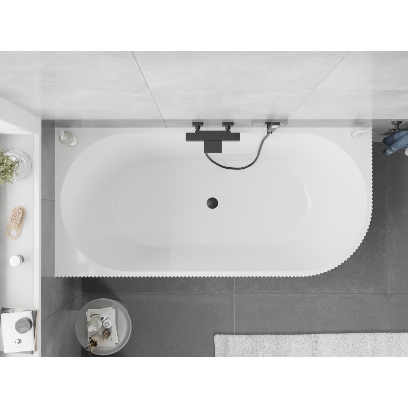 Mexen Silo freistehende Eckbadewanne links geriffelt 150 x 75 cm, weiß/grau, schwarze Überlaufabdeckung - 52891507562L-70