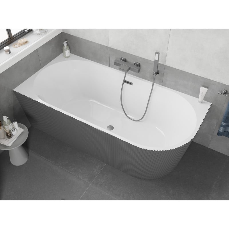 Mexen Silo freistehende Eckbadewanne links geriffelt 150 x 75 cm, weiß/grau, Überlauf Gun Metal - 52891507562L-95