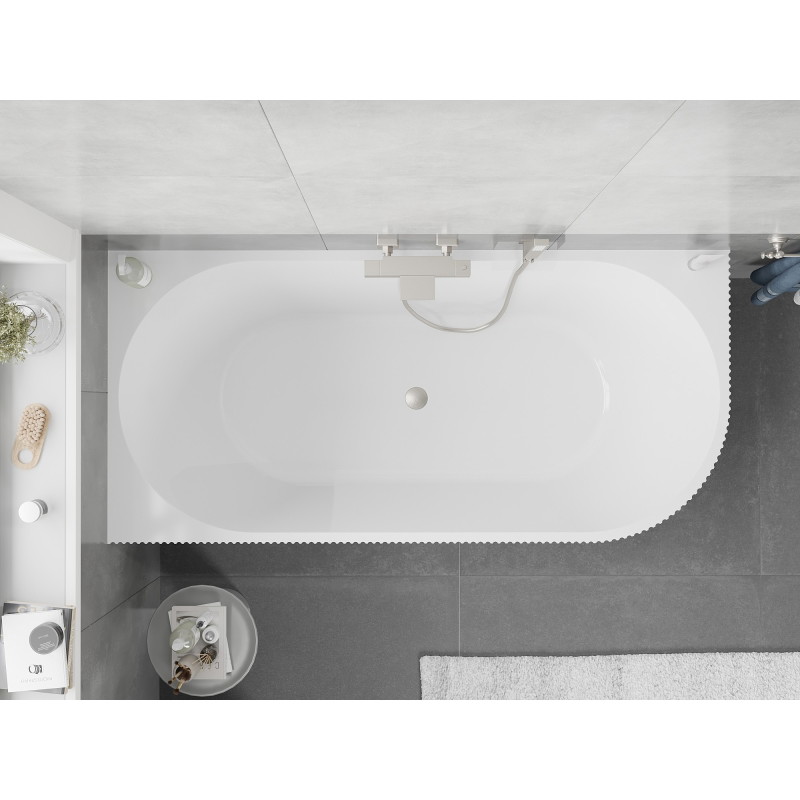 Mexen Silo freistehende Eckbadewanne links geriffelt 150 x 75 cm, weiß/grau, Überlauf gebürsteter Nickel - 52891507562L-97