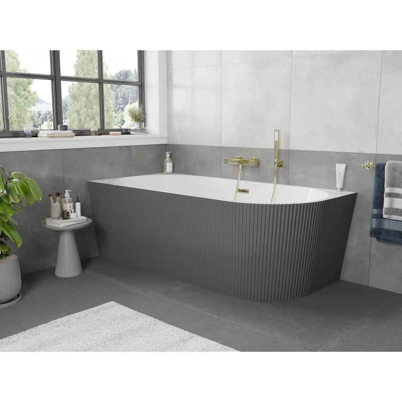 Mexen Silo freistehende Eckbadewanne links geriffelt 170 x 80 cm, weiß/grau, Überlauf gold - 52891708062L-50