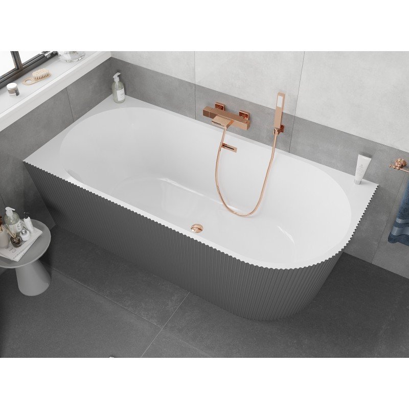 Mexen Silo freistehende Eckbadewanne links geriffelt 170 x 80 cm, weiß/grau, Überlauf Roségold - 52891708062L-60