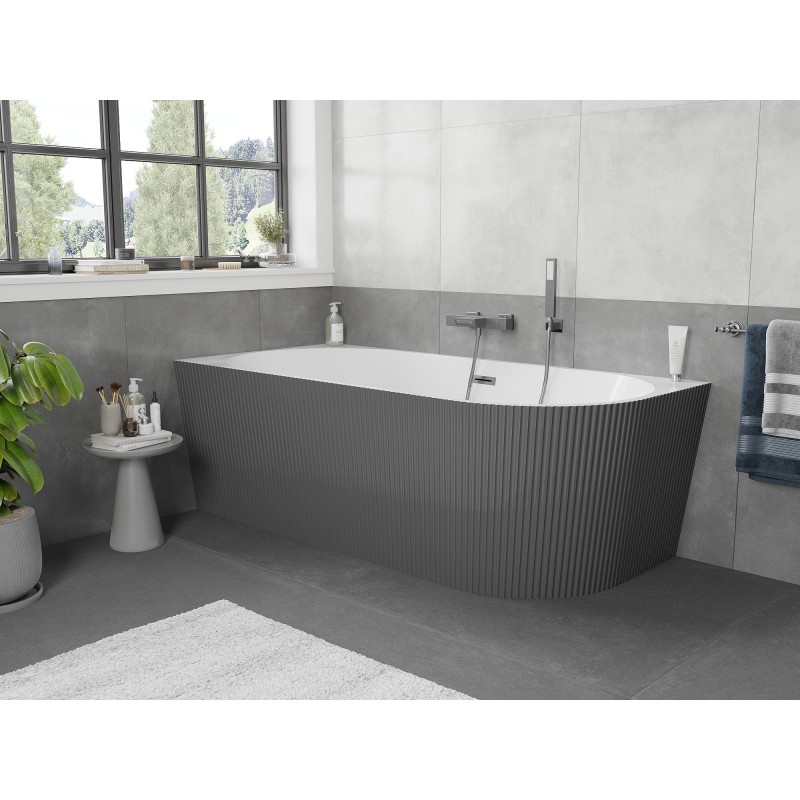 Mexen Silo freistehende Eckbadewanne links geriffelt 170 x 80 cm, weiß/grau, Überlauf Gun Gray gebürstet - 52891708062L-66