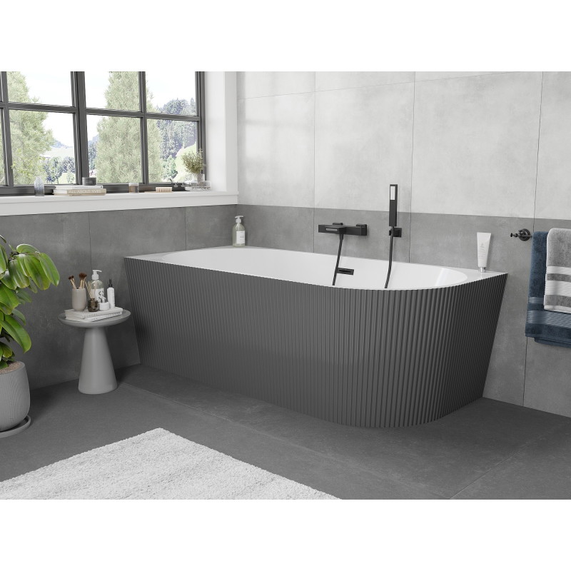 Mexen Silo freistehende Eckbadewanne links gerillt 170 x 80 cm, weiß/grau, schwarze Überlauf - 52891708062L-70