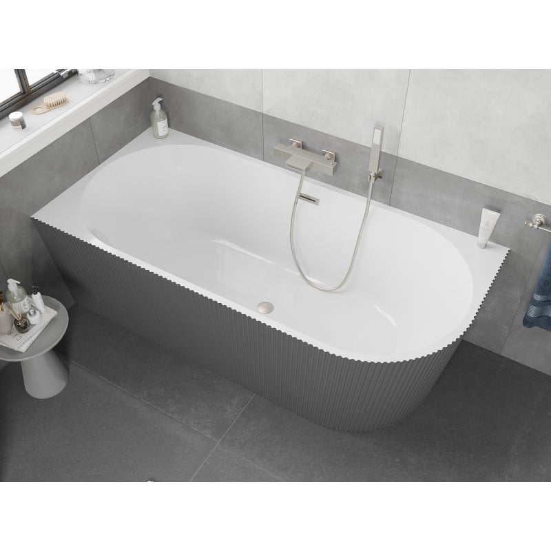 Mexen Silo freistehende Eckbadewanne links geriffelt 170 x 80 cm, weiß/grau, Überlauf gebürstetes Nickel - 52891708062L-97