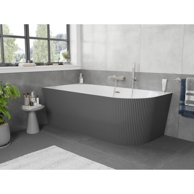 Mexen Silo freistehende Eckbadewanne links geriffelt 170 x 80 cm, weiß/grau, Überlauf gebürstetes Nickel - 52891708062L-97