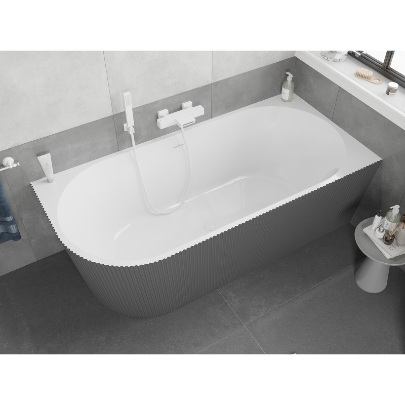 Mexen Silo freie Eckbadewanne rechts gerillt 150 x 75 cm, weiß/grau, Überlauf weiß - 52891507562P-20