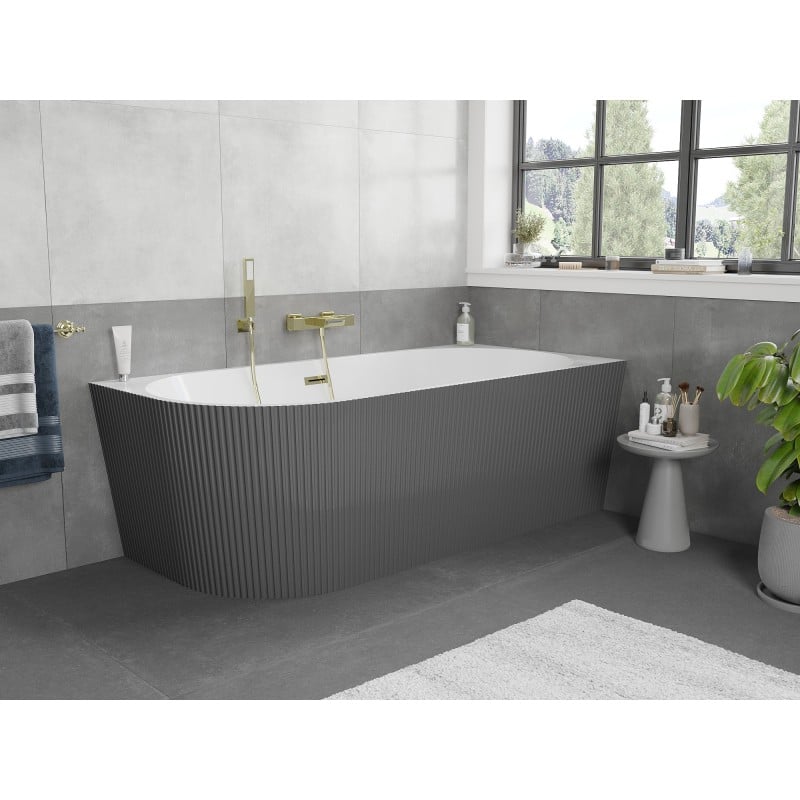 Mexen Silo freistehende Eckbadewanne rechts geriffelt 150 x 75 cm, weiß/grau, Überlauf gold - 52891507562P-50