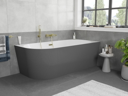 Mexen Silo freistehende Eckbadewanne rechts geriffelt 150 x 75 cm, weiß/grau, Überlauf gold - 52891507562P-50
