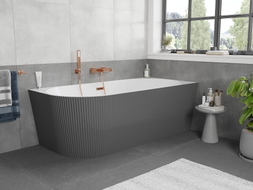 Mexen Silo freistehende Eckbadewanne rechts geriffelt 150 x 75 cm, weiß/grau, Überlauf Roségold - 52891507562P-60