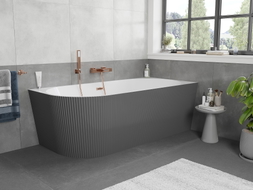 Mexen Silo freistehende Eckbadewanne rechts geriffelt 150 x 75 cm, weiß/grau, Überlauf gebürstetes Kupfer - 52891507562P-65