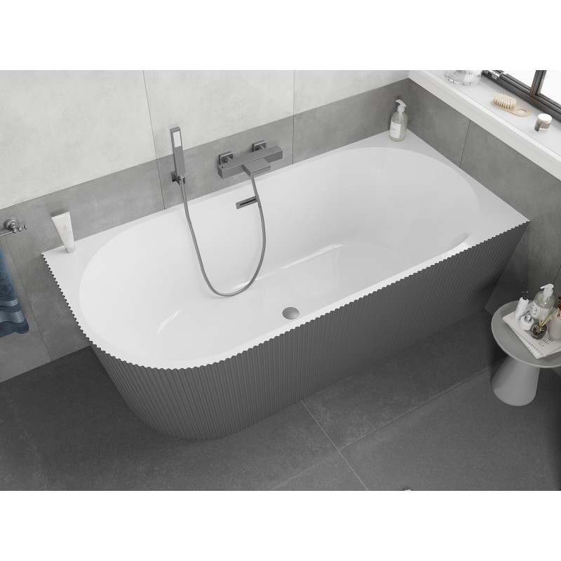 Mexen Silo freistehende Eckbadewanne rechts geriffelt 150 x 75 cm, weiß/grau, Überlauf Gun Metal - 52891507562P-95