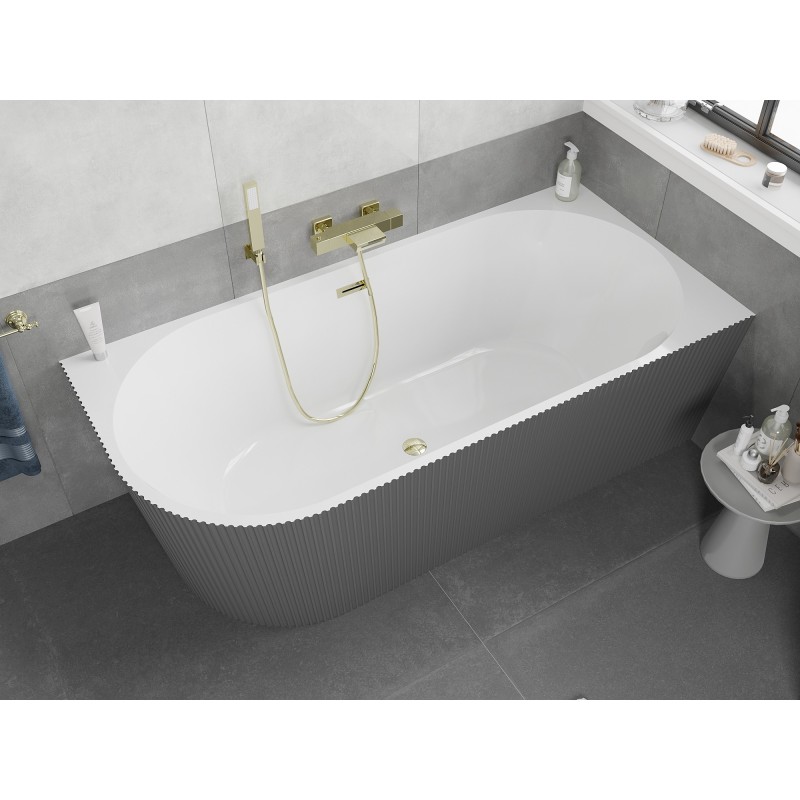 Mexen Silo freistehende Eckbadewanne rechts geriffelt 170 x 80 cm, weiß/grau, Überlauf gold - 52891708062P-50