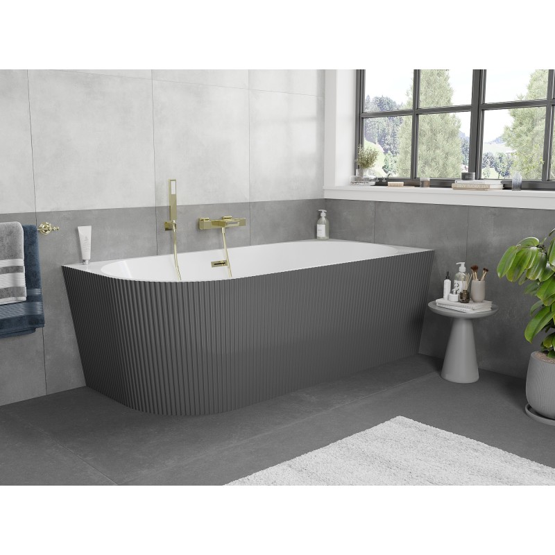 Mexen Silo freistehende Eckbadewanne rechts geriffelt 170 x 80 cm, weiß/grau, Überlauf gold - 52891708062P-50