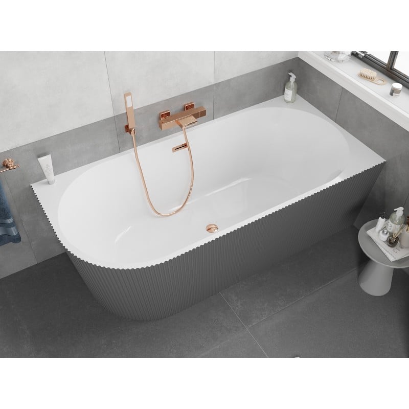 Mexen Silo freistehende Eckbadewanne rechts geriffelt 170 x 80 cm, weiß/grau, Überlauf roségold - 52891708062P-60