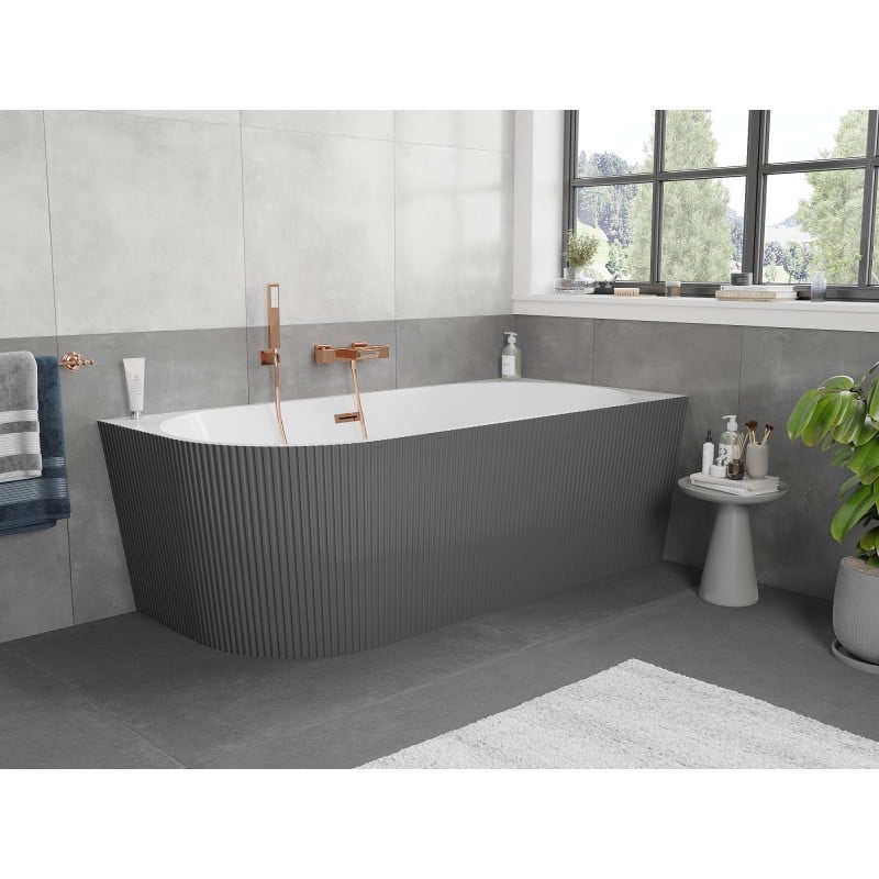 Mexen Silo freistehende Eckbadewanne rechts geriffelt 170 x 80 cm, weiß/grau, Überlauf roségold - 52891708062P-60