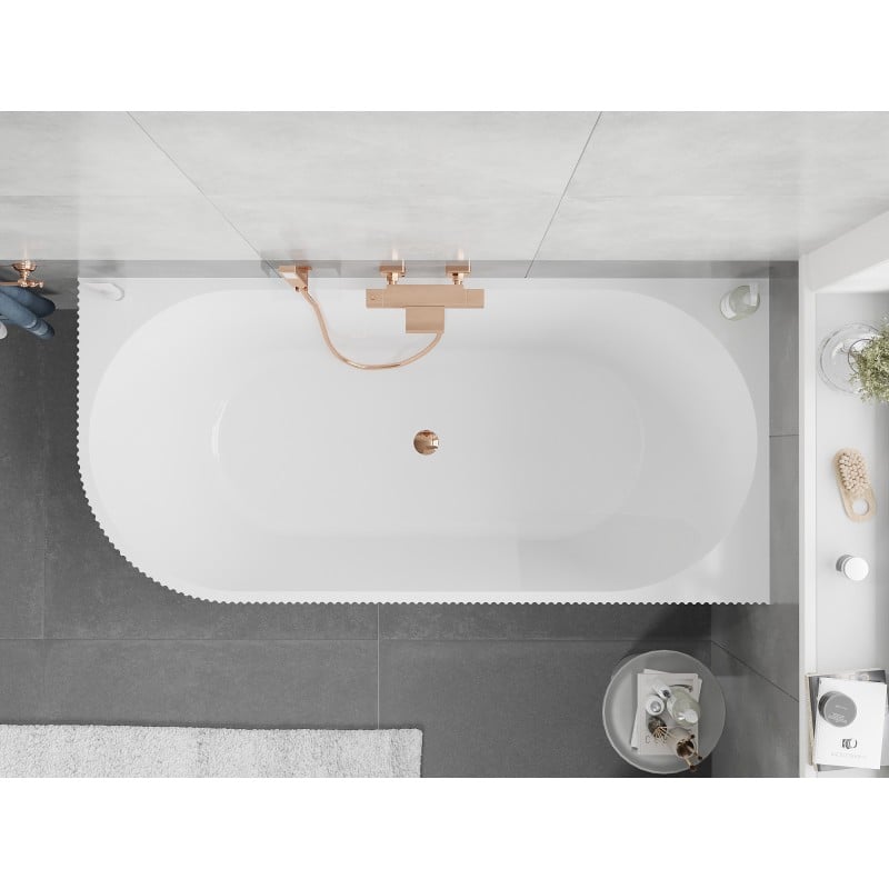 Mexen Silo freistehende Eckbadewanne rechts geriffelt 170 x 80 cm, weiß/grau, Überlauf roségold - 52891708062P-60