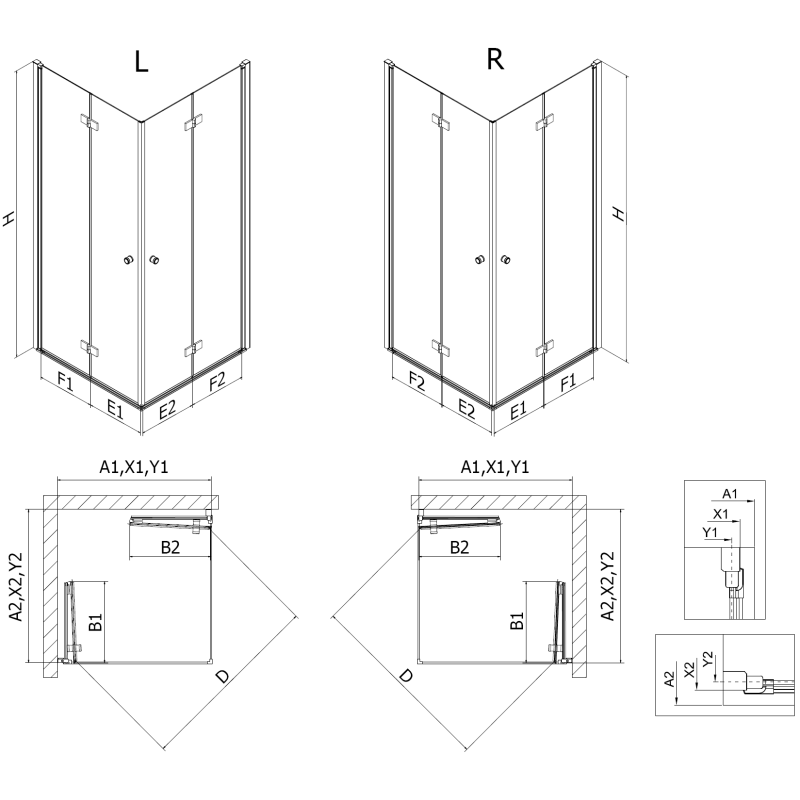 Mexen Mist-F Duo Duschkabine faltbar links 80 x 70 cm, schwarzes Gitter, schwarz - 8A6-080L-070P-70-77