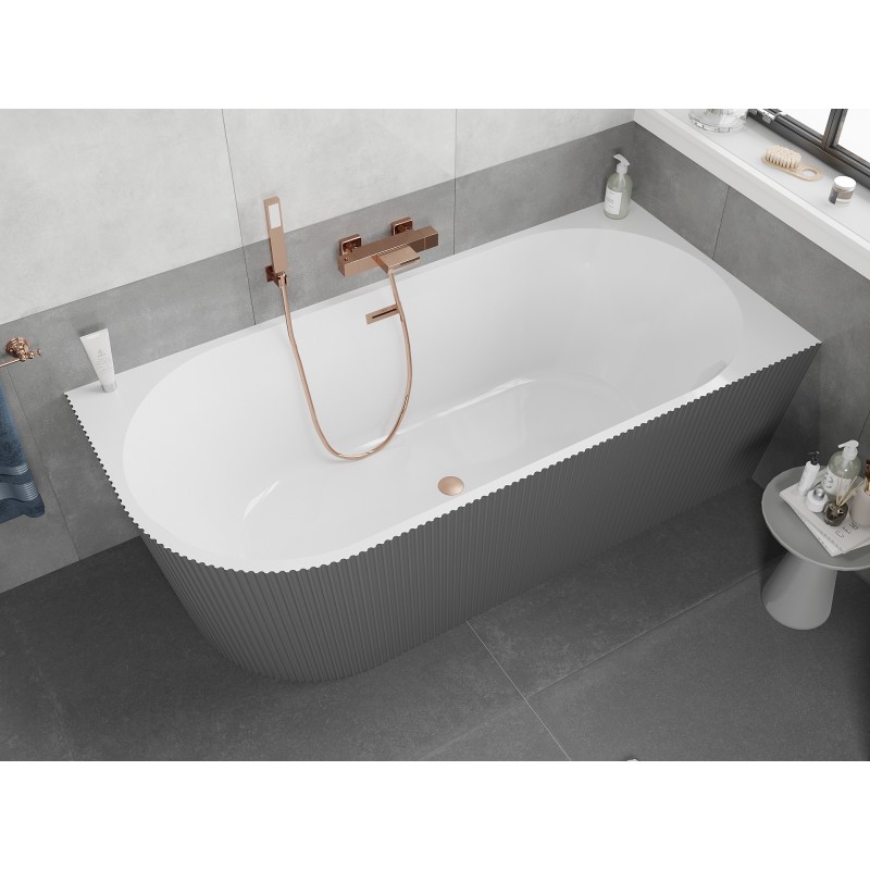 Mexen Silo freistehende Eckbadewanne rechts geriffelt 170 x 80 cm, weiß/grau, Überlauf gebürstetes Kupfer - 52891708062P-65