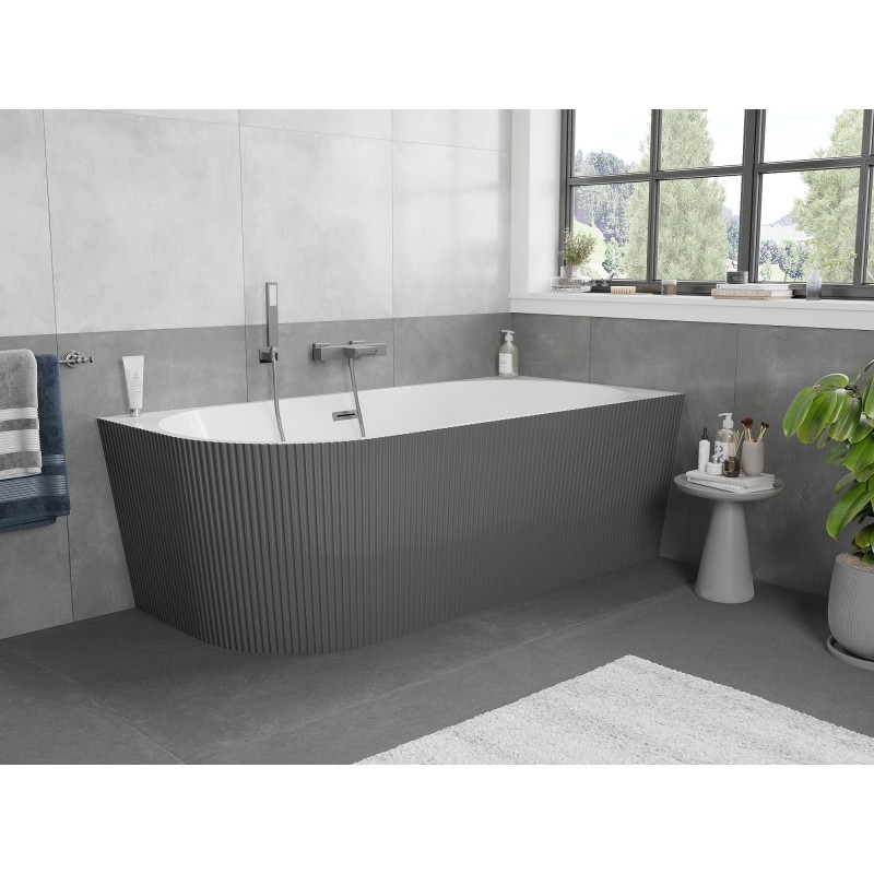 Mexen Silo freistehende Eckbadewanne rechts geriffelt 170 x 80 cm, weiß/grau, Überlauf Gun Metal - 52891708062P-95