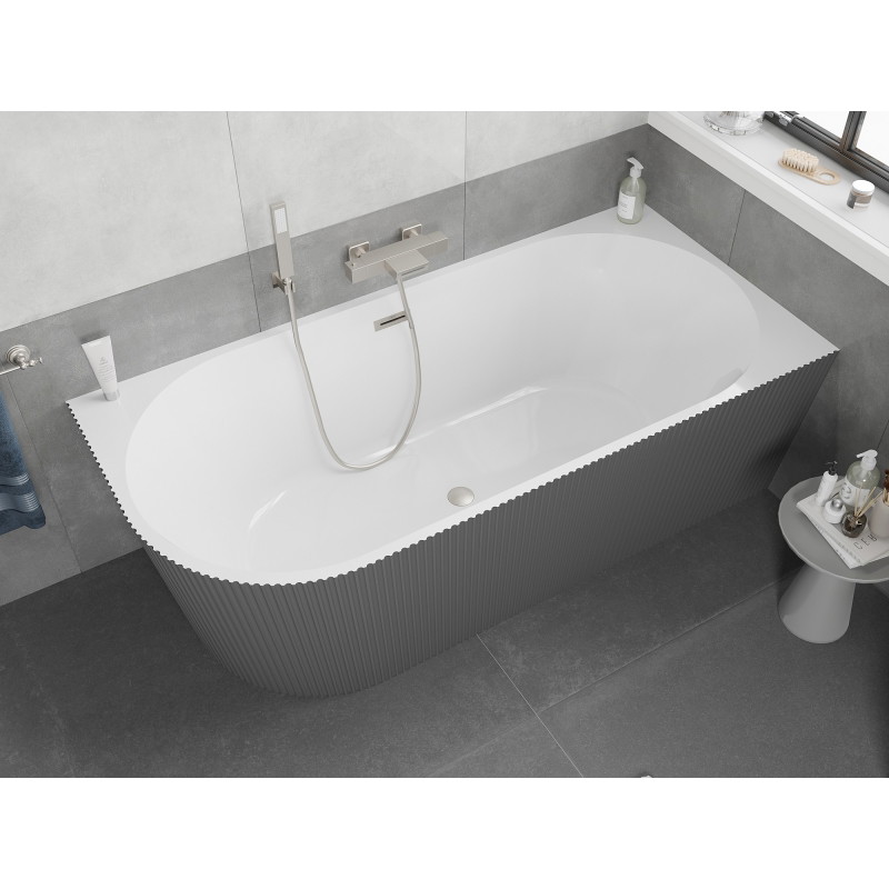 Mexen Silo freistehende Eckbadewanne rechts gerillt 170 x 80 cm, weiß/grau, Überlauf gebürstetes Nickel - 52891708062P-97