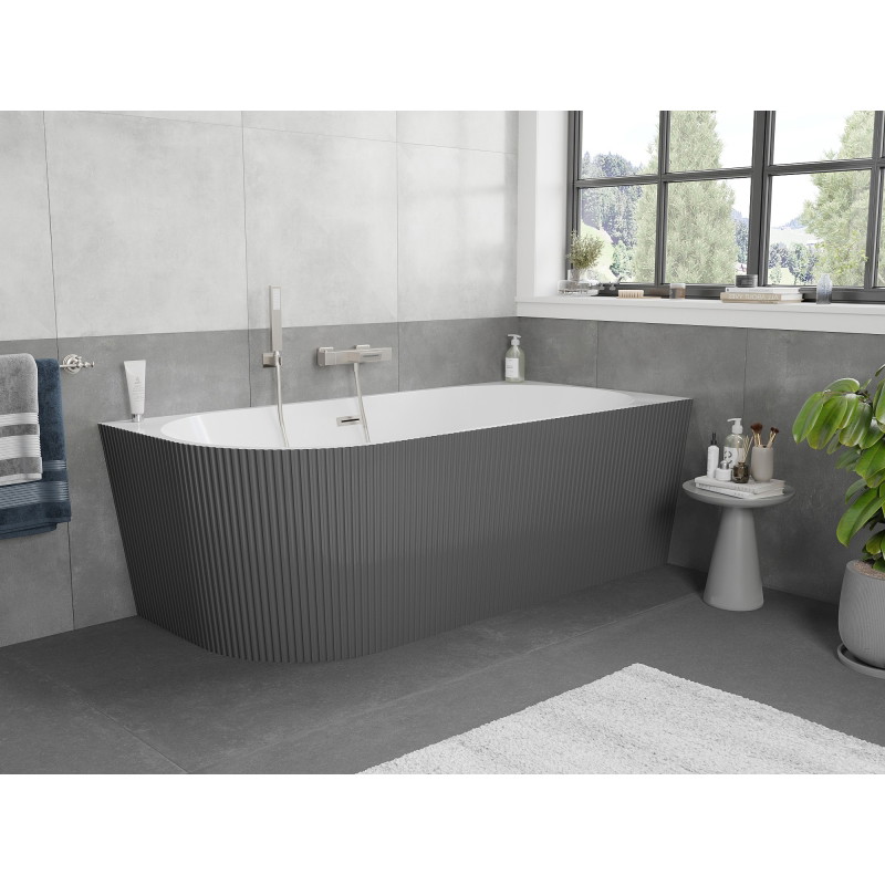 Mexen Silo freistehende Eckbadewanne rechts gerillt 170 x 80 cm, weiß/grau, Überlauf gebürstetes Nickel - 52891708062P-97