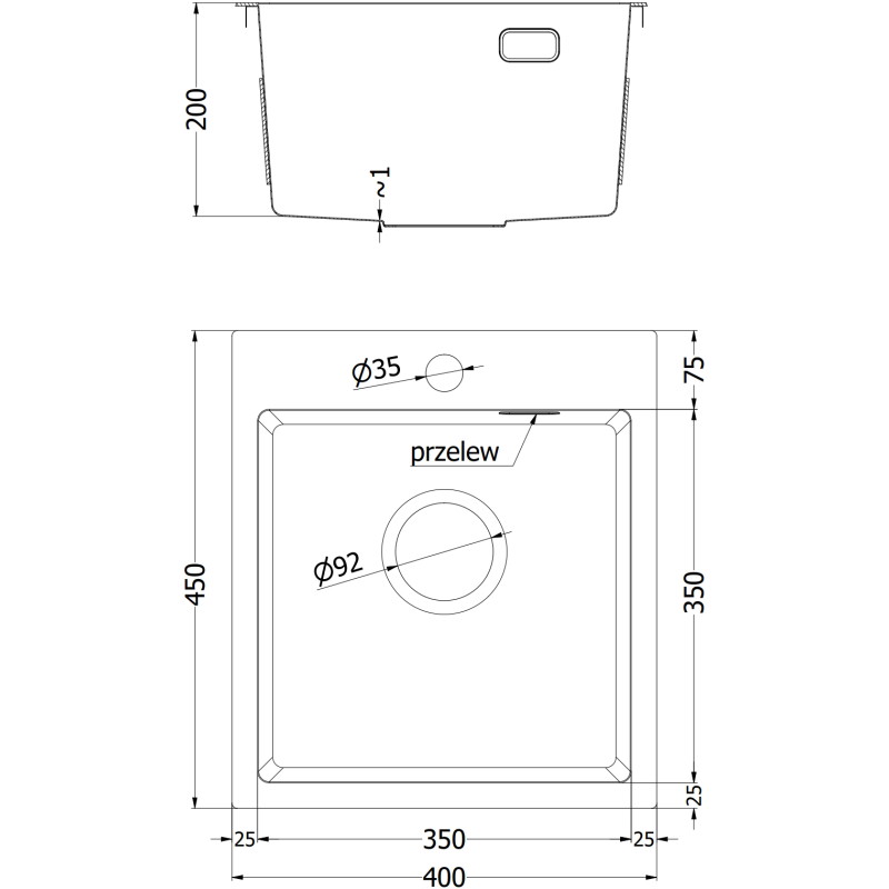 Mexen Solix Edelstahlspüle 1-Becken 400 x 450 mm, Inox - 6401401000-01