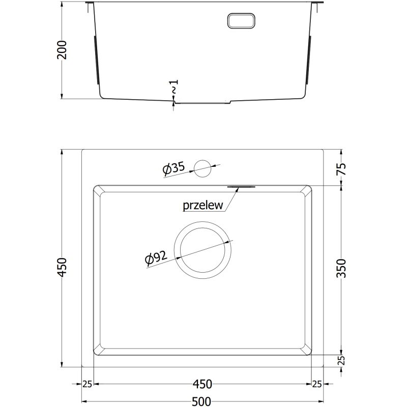 Mexen Solix Einbauspüle aus Edelstahl, 1 Becken, 500 x 450 mm, schwarz - 6402501000-70