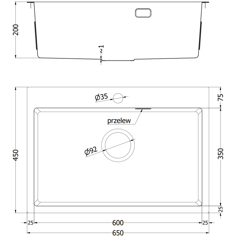 Mexen Solix Edelstahlspüle 1-Becken 650 x 450 mm, schwarz - 6403651000-70