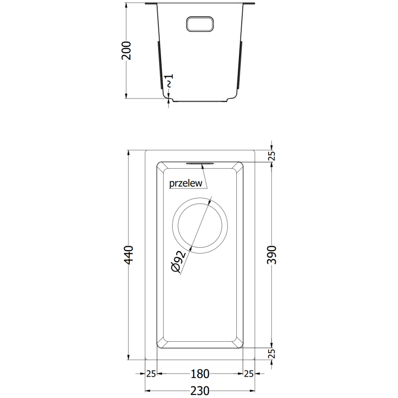 Mexen Trixo Edelstahlspüle 1-Becken 230 x 440 mm, Inox - 6411221000-01