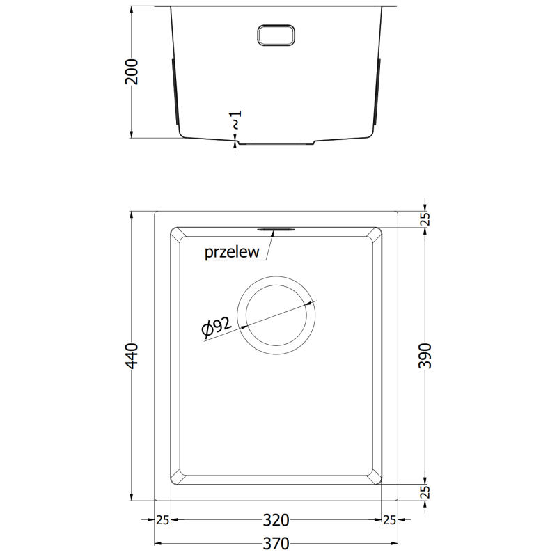 Mexen Trixo Edelstahlspüle 1-beckig 370 x 440 mm, Inox HC - 6412371000-01HC