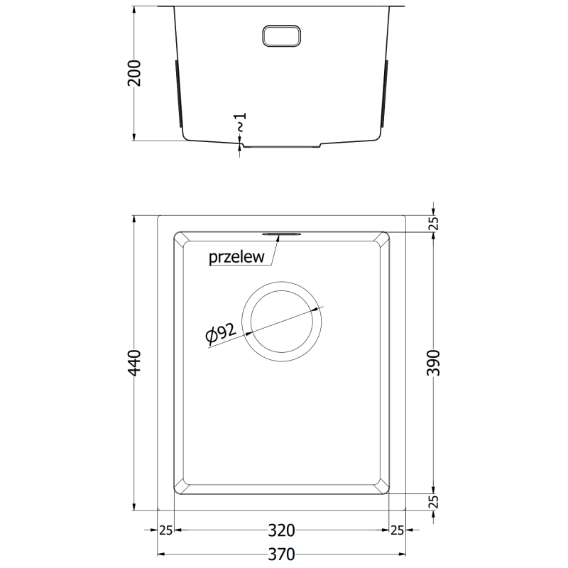 Mexen Trixo Edelstahlspüle 1-beckig 370 x 440 mm, schwarz - 6412371000-70