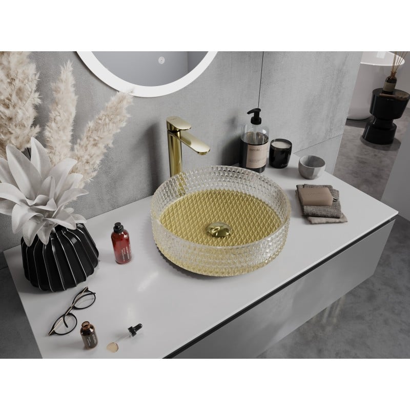 Mexen Aura Glas-Aufsatzwaschbecken 39 x 39 cm, transparent/gold - 24013951