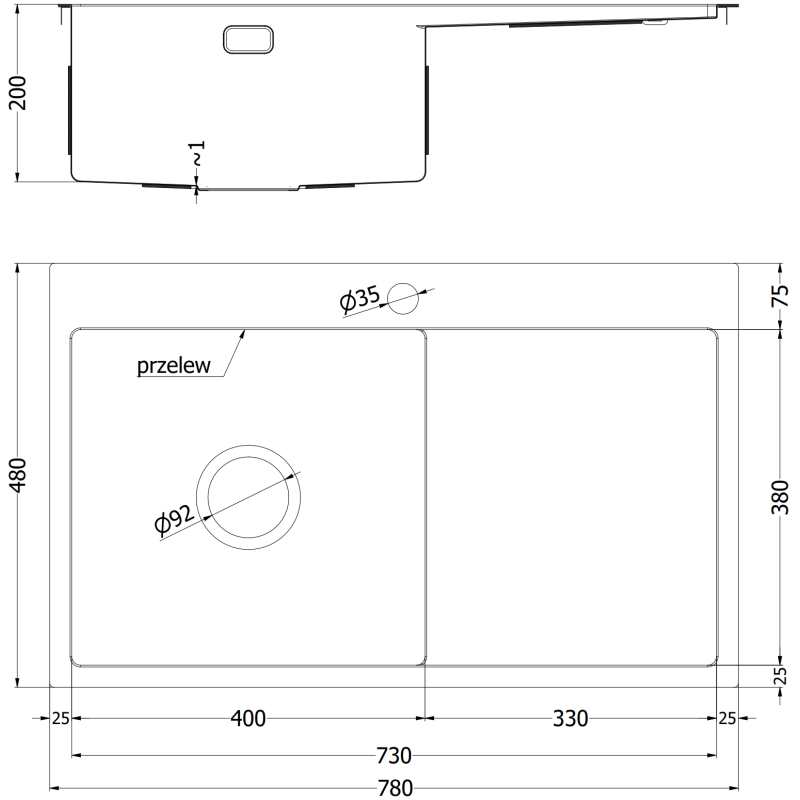 Mexen Exar einzelner Edelstahlspülbecken mit Abtropffläche, links 780 x 480 mm, gold HC - 6433781010L-55HC