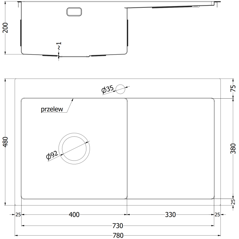 Mexen Exar Edelstahlspüle 1-beckig mit Ablage, rechts 780 x 480 mm, Inox - 6434781010P-01