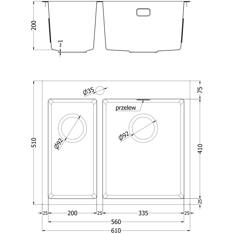 Mexen Flexo Spülbecken aus Stahl 1,5-Kammer 610 x 510 mm, gold - 6446611500-55