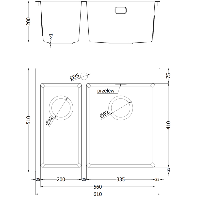 Mexen Flexo Edelstahlspüle 1,5-Kammer 610 x 510 mm, gold HC - 6446611500-55HC
