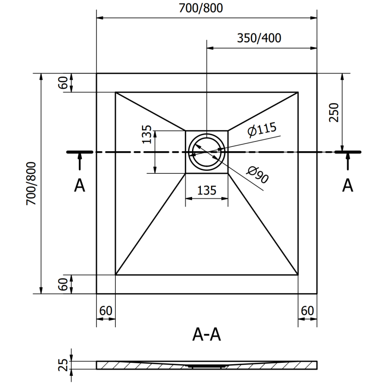 Mexen Stone+ quadratische Komposit-Duschwanne 70 x 70 cm, Anthrazit - 44717070