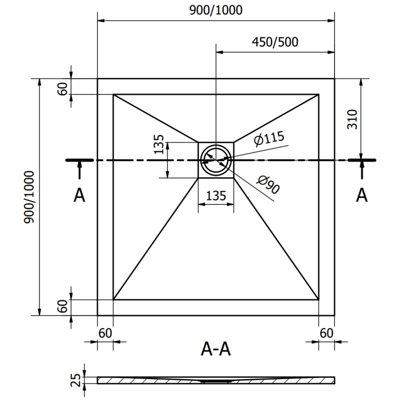Mexen Stone+ quadratische Composite-Duschwanne 90 x 90 cm, grau-beton - 44619090