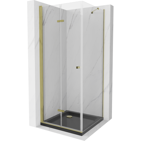 Mexen Lima faltbare Duschkabine 80 x 80 cm, transparent, gold + flache Duschwanne, schwarz - 856-080-080-50-00-4070G