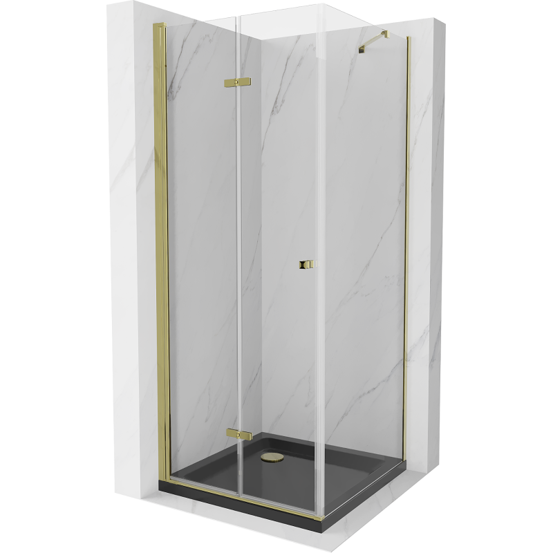 Mexen Lima faltbare Duschkabine 90 x 90 cm, transparent, gold + Duschwanne Flat, schwarz - 856-090-090-50-00-4070G
