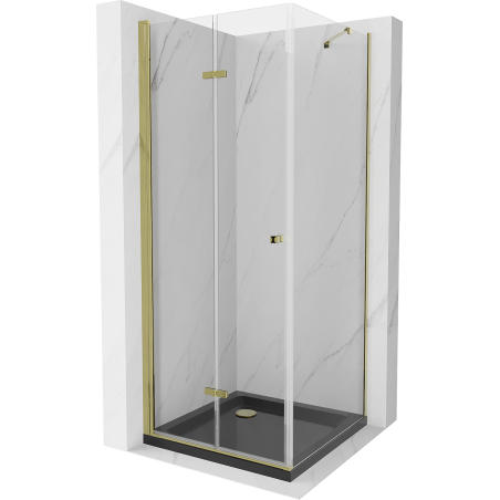 Mexen Lima faltbare Duschkabine 90 x 90 cm, transparent, gold + Duschwanne Flat, schwarz - 856-090-090-50-00-4070G