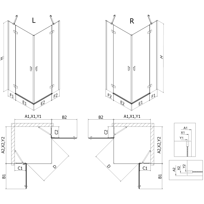 Mexen Mist-H Duo Duschkabine schwenkbar 70 x 70 cm, transparent, Chrom - 8A5-070L-070P-01-00