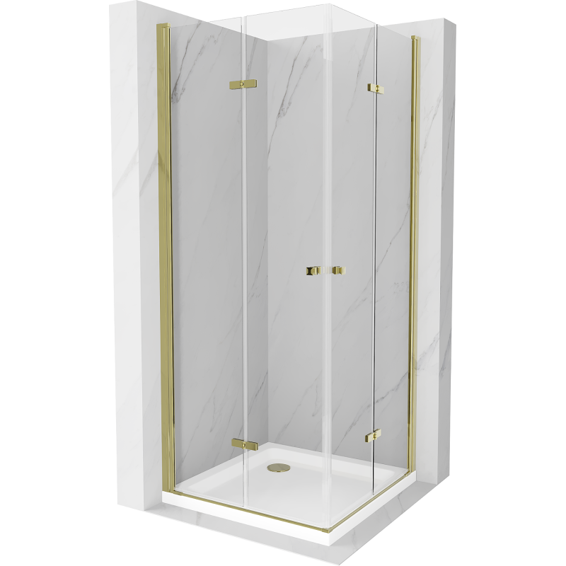 Mexen Lima Duo Duschkabine faltbar 90 x 90 cm, transparent, gold + Flacher Duschwann - 856-090-090-50-02-4010G