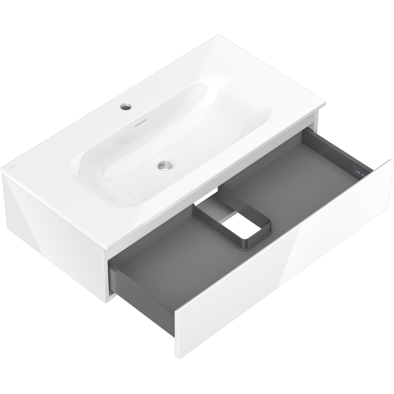 Mexen Orio Badezimmerschrank 90 cm mit Waschbecken Vela, 1 Schublade, Weiß Hochglanz - 91A10-09023-1-BF00-W23M00