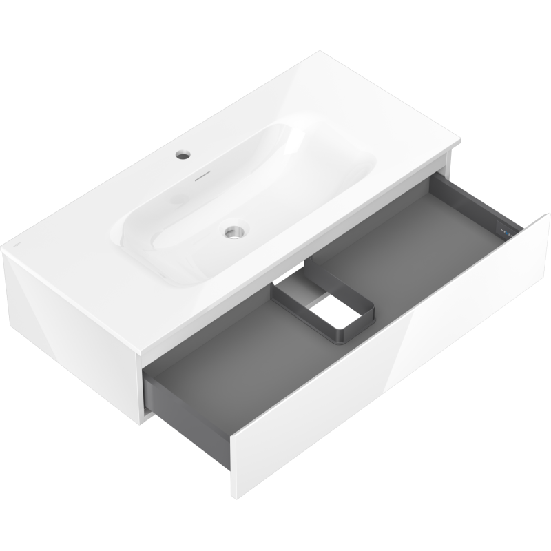 Mexen Orio Badezimmerschrank 100 cm mit Waschbecken Vela, 1 Schublade, weiß glänzend - 91A10-10023-1-BF00-W23M00