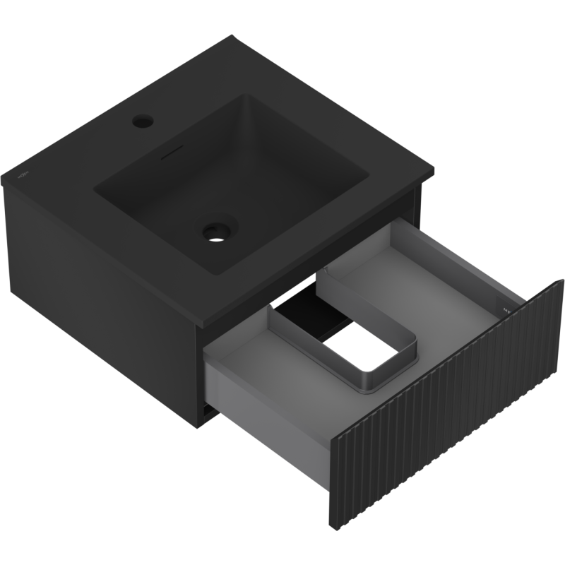 Mexen Rivel Badezimmerschrank 50 cm mit Waschbecken Otis, 1 Schublade, geriffelt, schwarz matt - 91A20-05023-1-BF71-W18M71